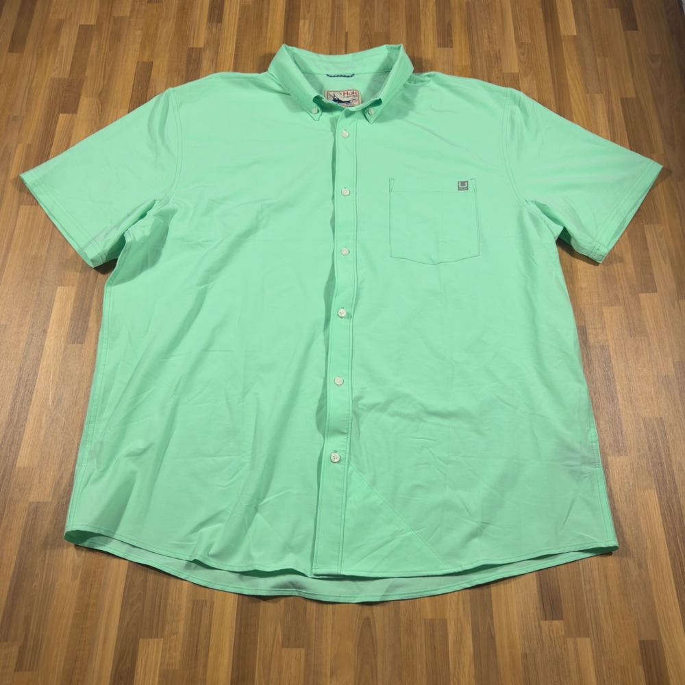 Huk Fishing Shirt Mens 2XL XXL Mint Green Short Sleeve Button Down Performance